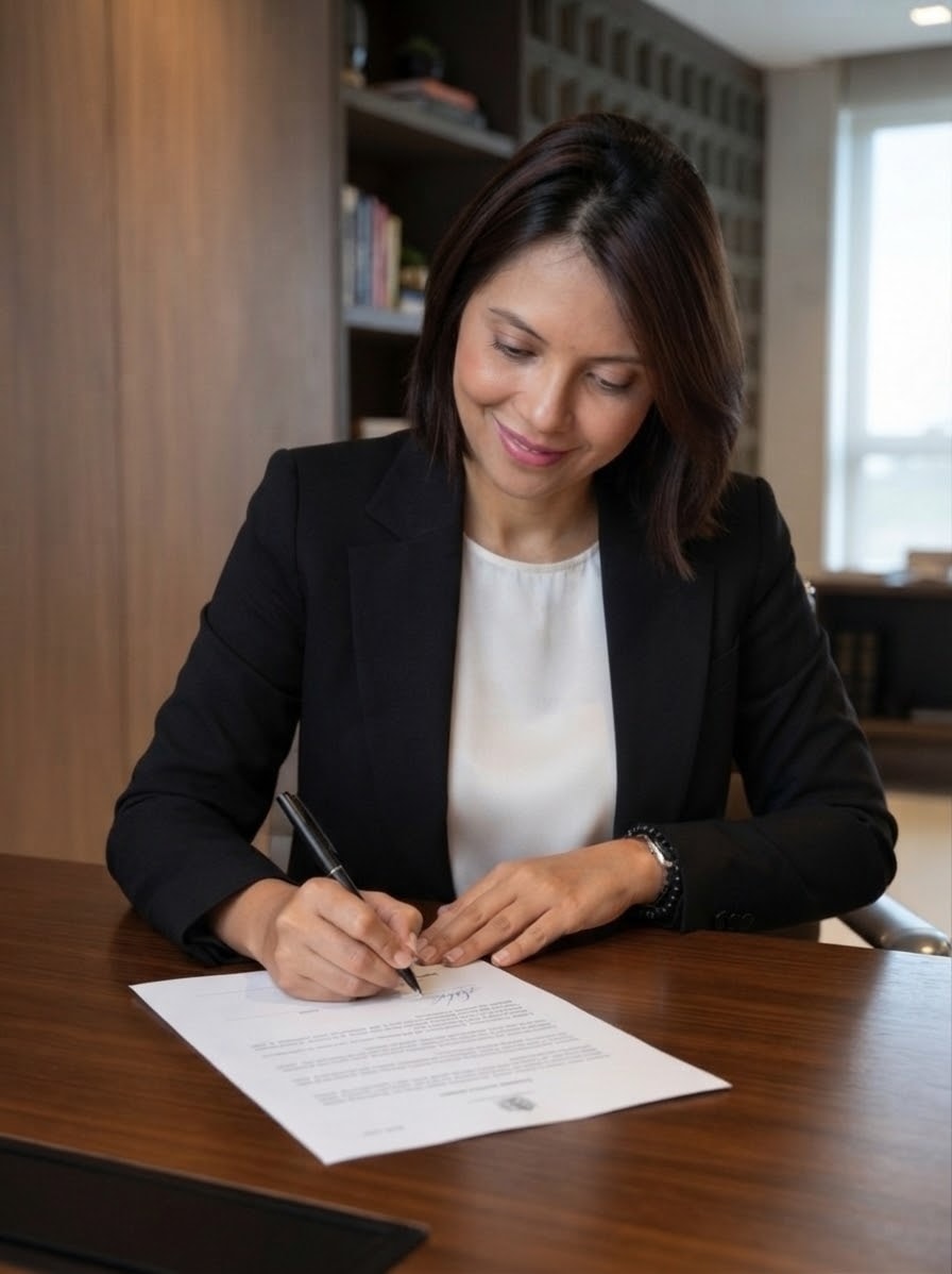 Jineska Rojas revisando documentos de póliza con un cliente
